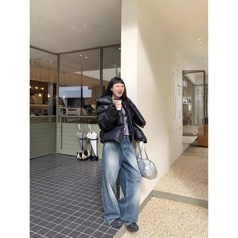 maoxiangshop - American High Street Stand Collar Thicken Warm Cotton-Padded Coat Women Winter New Solid Pop Simple Design Sense Short Coat