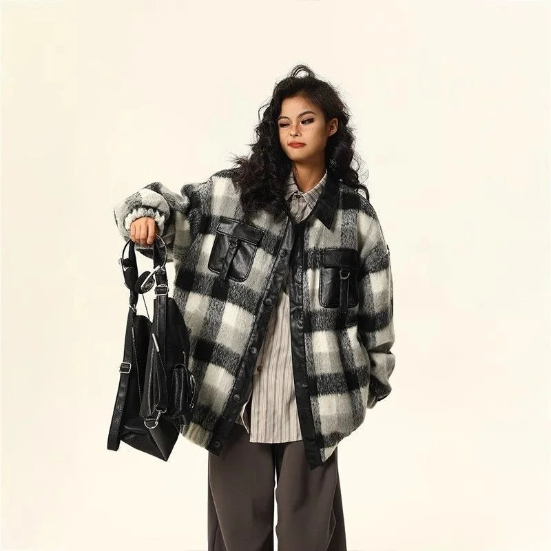 maoxiangshop - 2024 American Retro Casual Woolen Patchwork Leather Jacket For Women In Autumn Winter Maillard Atmosphere Woolen Plaid Jacket
