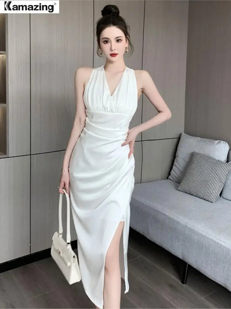 Summer Elegant Sexy V-Neck Split Bodycon Sheath Pencil Dress Women Pleated White Party Dresses Female Work Clothes
