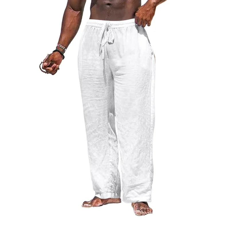maoxiangshop Summer Cotton Pants Casual Long Fitness Breathable Pants Linen Lightweight Drawstring Yoga Beach Trousers Solid Color Mens Pants