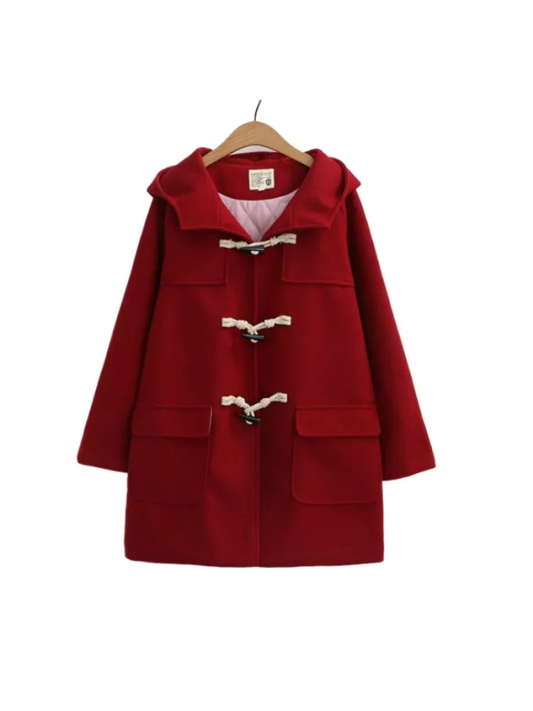 Solid Women Long Wool Blends Winter Loose Warm Coat Hooded s Office Work Wear Horn Button Legant