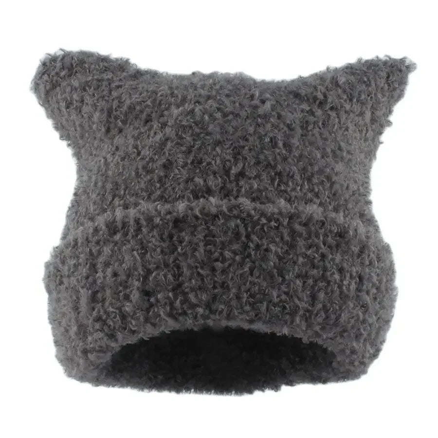 maoxiangshop Winter Lambswool Hats For Women Cute Cat Ears Beanie Soft Warm Knitting Cap Cuffed Skullies Fashion Street Hip Hop Hat