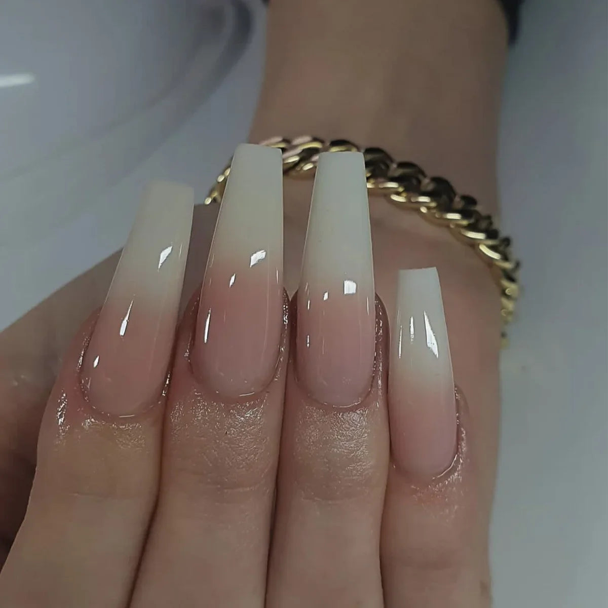 maoxiangshop 24pcs Long Coffin Purple False Nails Ballet Simple Glitter with Glue French Design Wearable Fake Nails Artificial Nail Tips