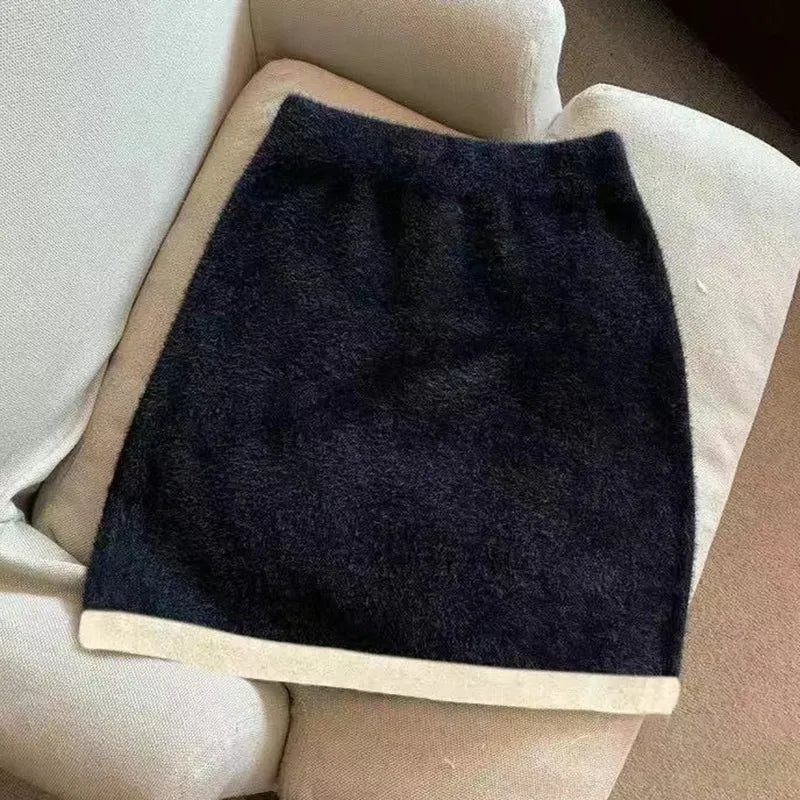 maoxiangshop Autumn Spring Women Mini Furry Skirt Faldas Mujer Moda Slim Sexy High Waist Wrap Hip Black Bottom Wild Woolen Elegant Korean