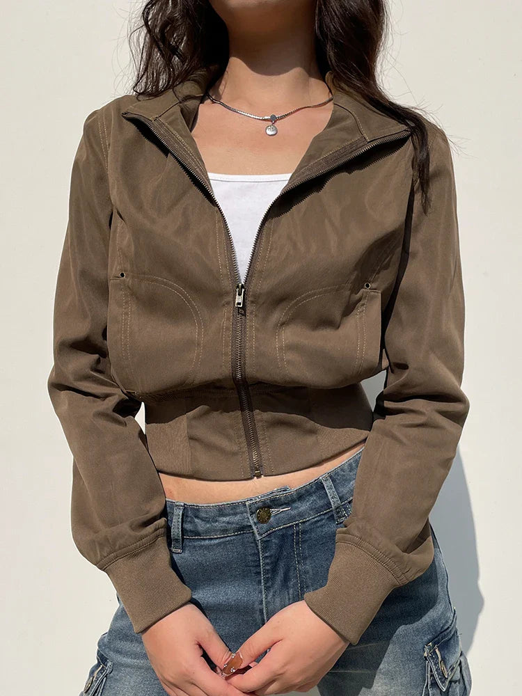 Brown Zip Up Stand Collar Pockets Long Sleeve Cargo Jackets Women Vintage Casual Streetwear