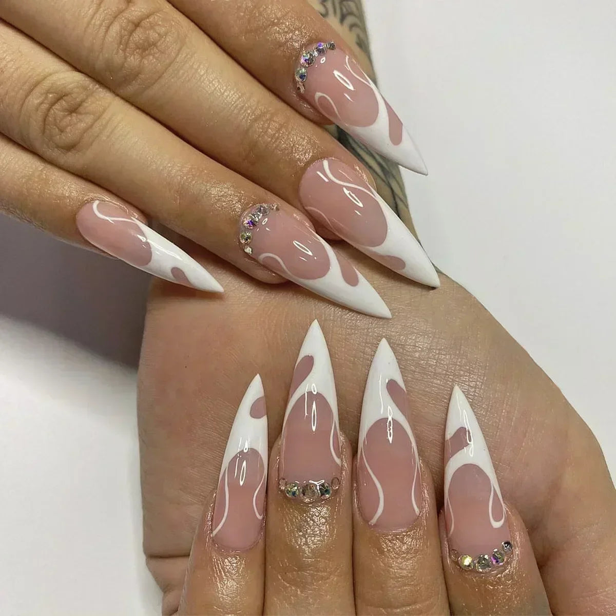 maoxiangshop 24Pcs False Nails With Glue Almond Pink Butterfly Design Detachable Rhinestones Acrylic Fake Nails long stiletto Press On Nails