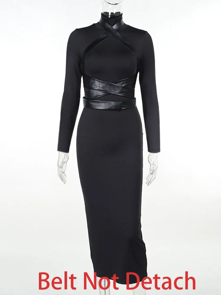 maoxiangshop Black Maxi Dress Women Sexy Punk Style Split Bandage Bodycon Dress Female Autumn Long Sleeve Turtleneck Party Club Long Dresses