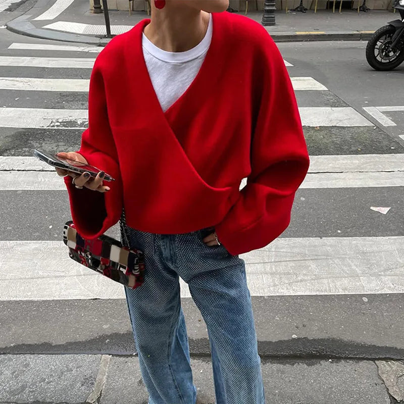 Vintage Knitted Woolen Jackets Women Casual V-neck Long Sleeve Female Short Coats Autumn Winter Fashion New Lady Outwears