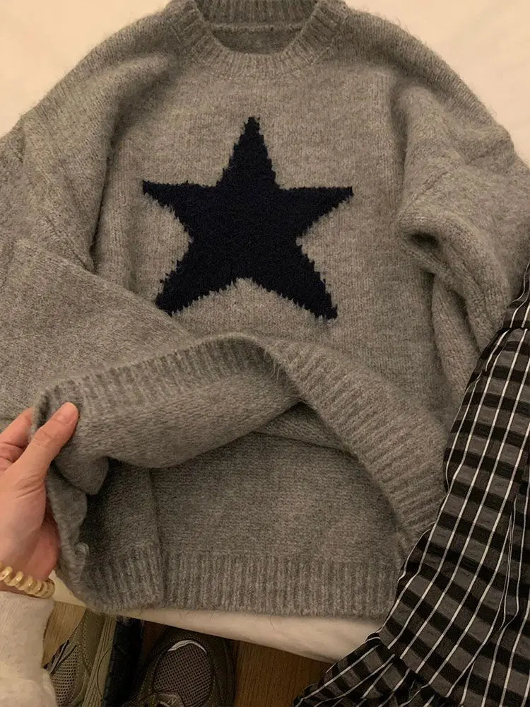 maoxiangshop - Autumn/Winter New Retro Casual Two Piece Set Women Outfits Simple Grey Round Neck Knitted Sweater+Plaid Skirt Maxi Skirt Set