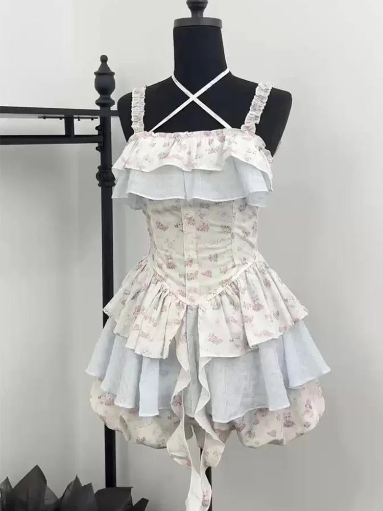 maoxiangshop Summer Women Korean Vintage Ballet Core 2000s Party Rave Y2k Outfits 2 Piece Set Mori Girl Floral Fairy Dress + Cute Mini Shorts