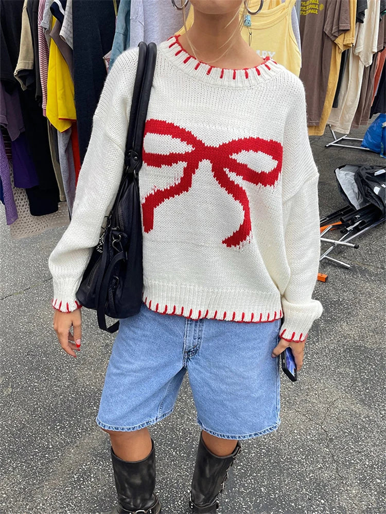 maoxiangshop - Bow Jacquard Loose Sweater Women's Autumn/Winter Casual Color Contrasting Knitted Knitted Pullovers Fashion Streetwear