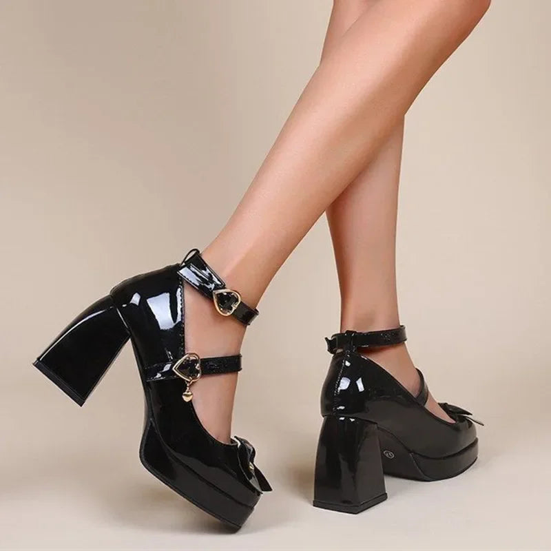 maoxiangshop - Black High Heels Pumps Women 2024 Punk Heart Buckle Design Chunky Platform Lolita Shoes Woman Bowtie Thick Heel Gothic Shoes