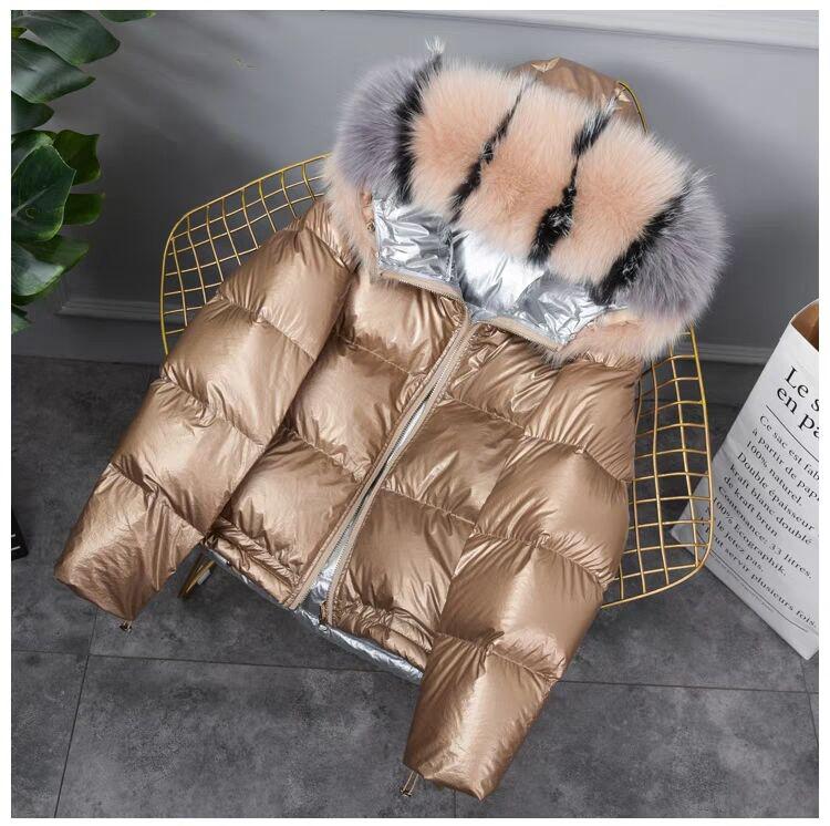 maoxiangshop Gold Silver Double Side Down Coat Winter Jacket Women Big Aritificial Fur White Duck Down Parkas Female Down Outerwear
