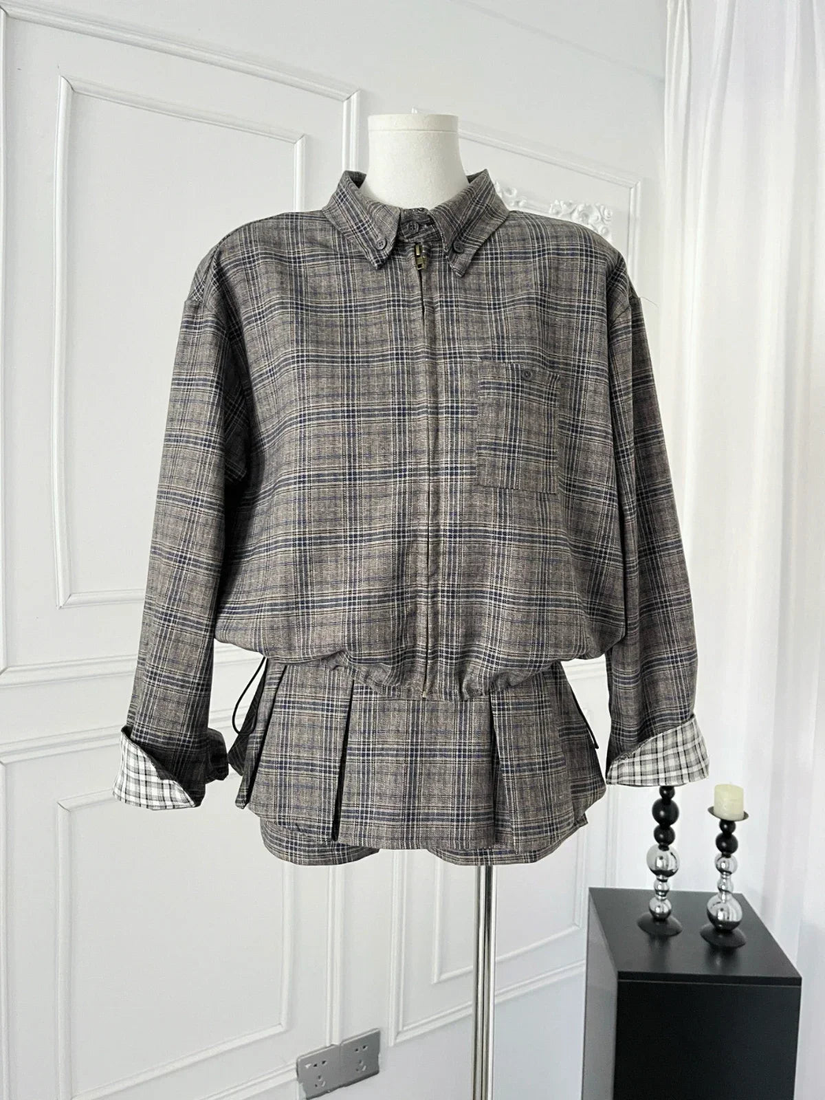 maoxiangshop - Sweet College Style Suit for Women, Plaid Loose Zipper Jacket, High Waist A-line Skirt, 2-Piece Set, Female Clothes, Autumn