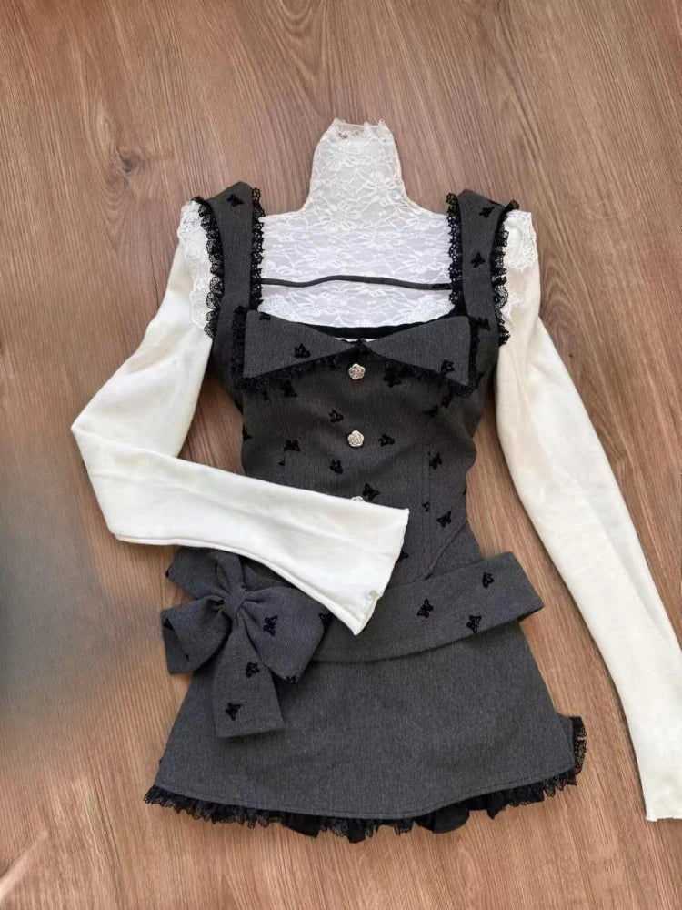 maoxiangshop - Sweet Cute White Ruffled Tops+Lace Edge Grey Vest+slimming High Waisted Skirt 3 Piece Set for Women Winter Japanese Skirt Suit
