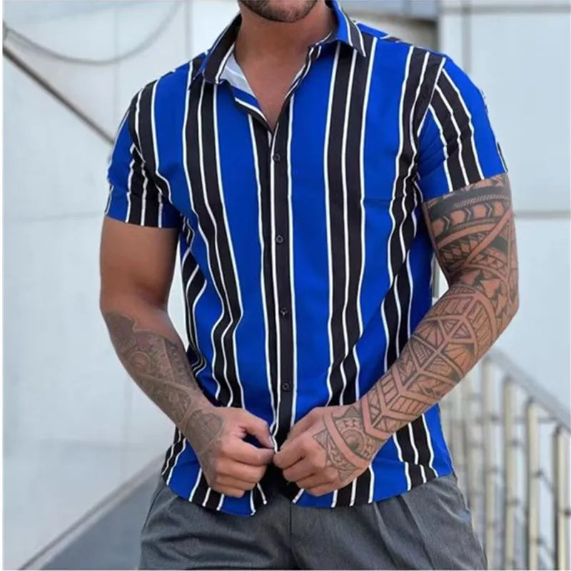 maoxiangshop Men's Shirts Holiday Hawaiian Beach Shirts Striped Print Tops Business Casual Cropped Oversized T-Shirts 5XL Designer Clothing