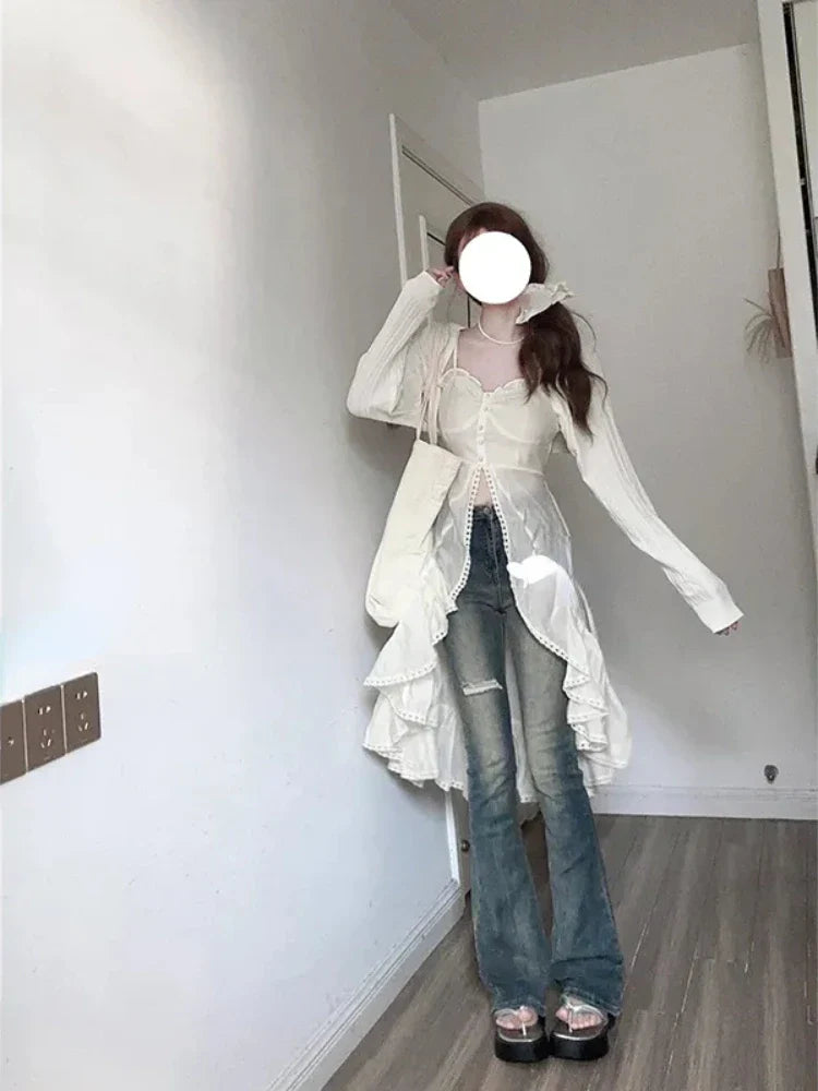 Chiffon Fashion Outfits 2 Piece Skirt Set Sexy Strap Dress + Beige Long Tops Ruched Mori Girl Simple Summer Korean Fashion