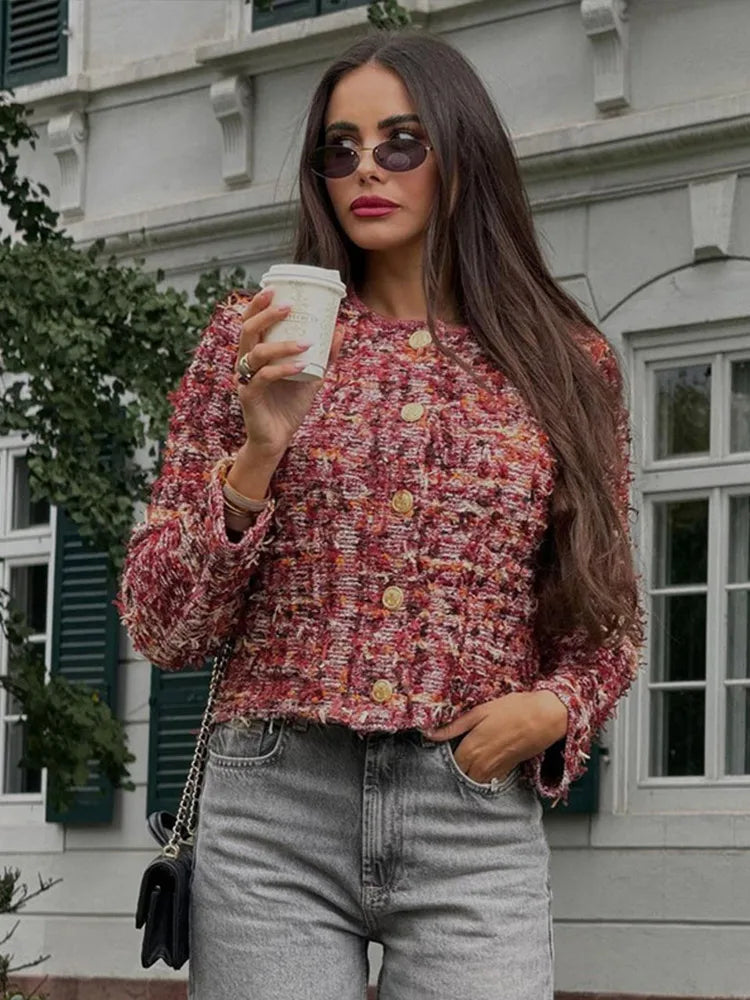 maoxiangshop - Elegant Knitting Woolen Short Jacket Woman Chic O-neck Single Breasted Jackets Female Autumn Fashion New Office Outwear Tops