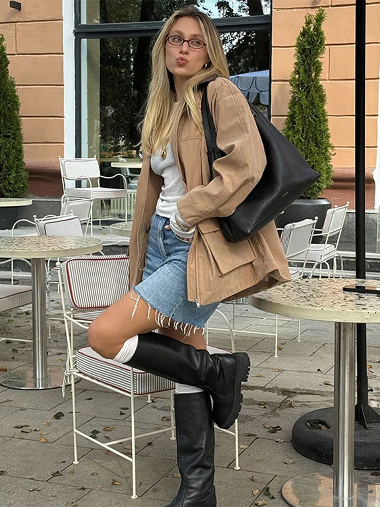 maoxiangshop - Casual Leather Lapel Jackets Women Vintage Khaki Zipper Pockets Jacket Coat Female Autumn Winter Chic High Street Outwear