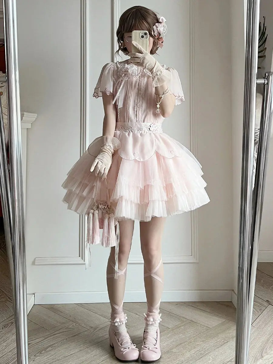 maoxiangshop - Pink Lolita Kawaii 2 Piece Set Women Japanese Cute Party Tops Suit Female 2024 Bubble Sleeve Elegant Blouse + Fairy Cake Skirt