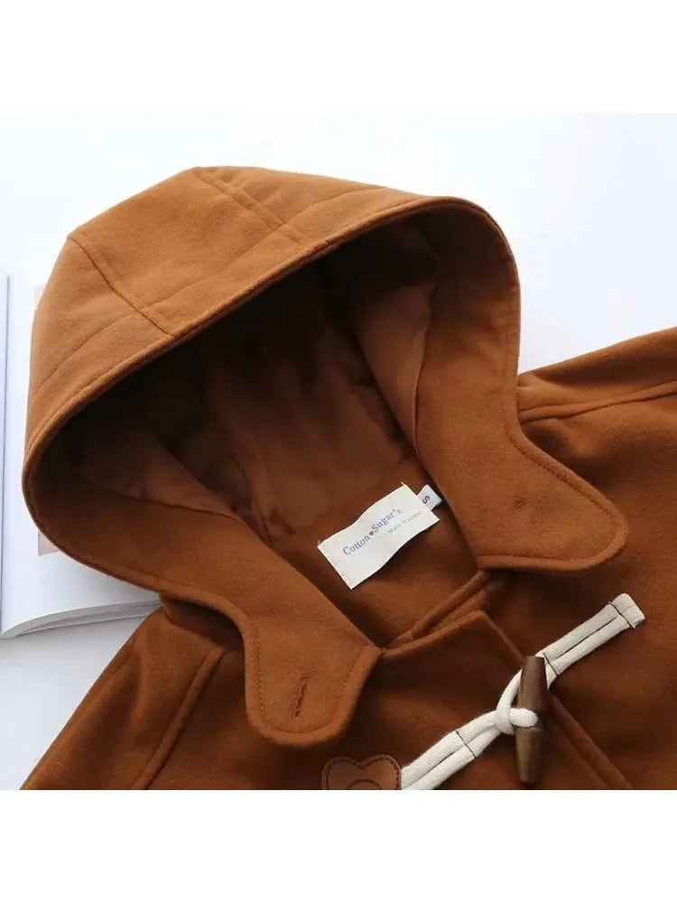 Solid Horn Button Long Straight Hooded Wool Coats Women Winter Sleeve Korean Casual Ladies Warmness Vintage Outwear