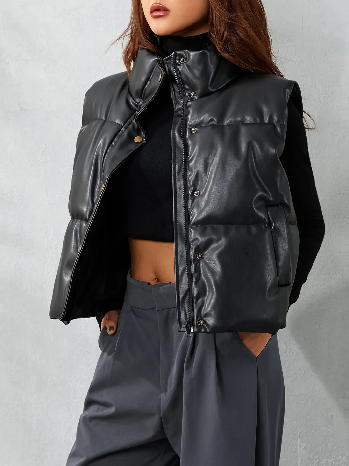 Zip-Up winter vest for women Black Coat Mock-Neck Tops Winter Casual Black Stand Collar PU Leather Coats Female Ladies