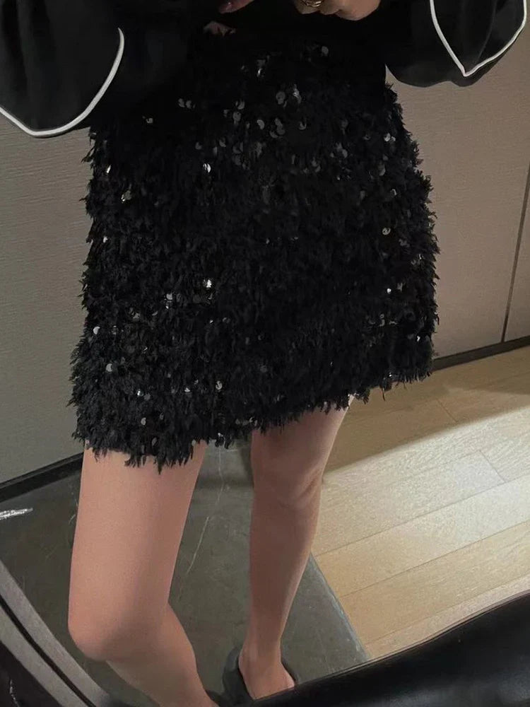 maoxiangshop - Women's Y2K Shiny Sequined Skirt Autumn Feather Casual Elastic Short Mini A-line Skirts For Club Streetwear