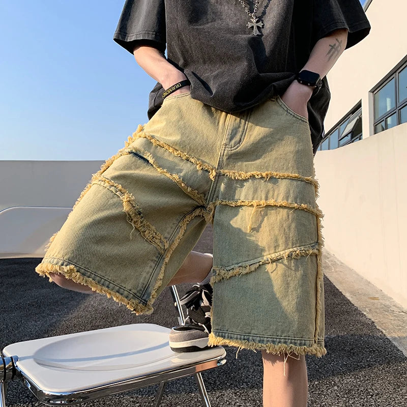 maoxiangshop American High Street Men's Wide Leg Denim Shorts Summer New Fashion Casual Baggy Short Jeans Male Chic Burrs Clothes