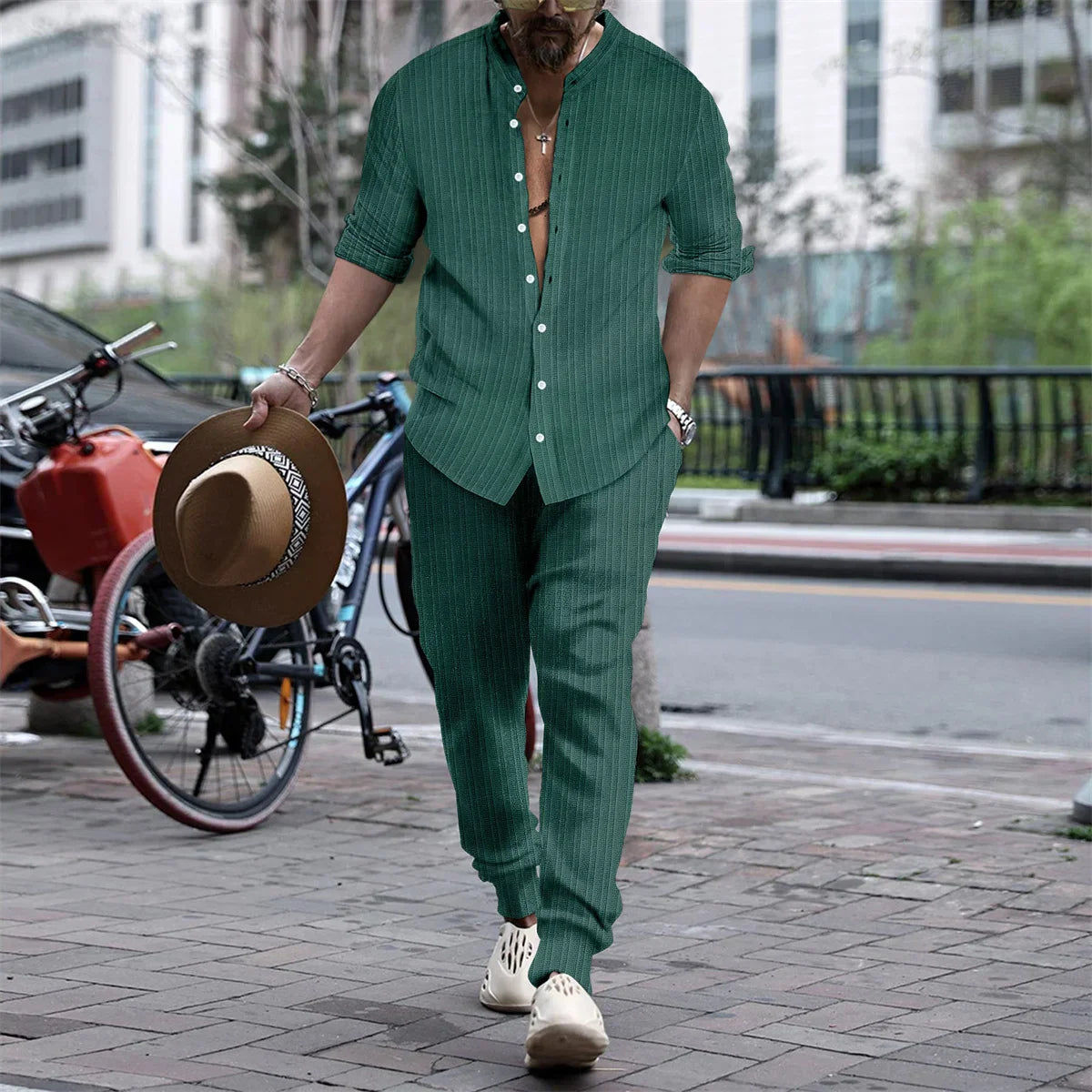 maoxiangshop Autumn Casual Simple Style Mens Sets Long-shirts Long Pants Solid All-match Henry Collar Striped Two-piece Sets S-3XL