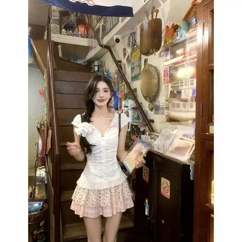 New French Elegant Fashion Women Outfits 2 Piece Skirts Set Casual Solid Blouse + Sweet Sexy Print Y2k Mini Skirt Hot Girl