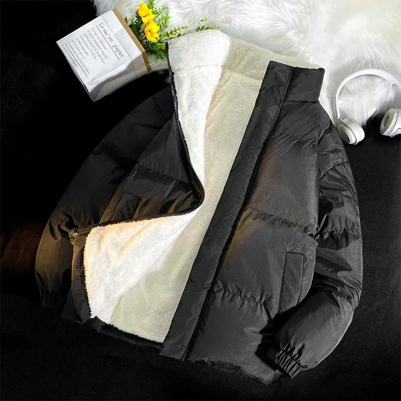 maoxiangshop WINTER OUTFITS Green Puffer Jacket Men Style Winter Lamb Wool Stand Up Collar Casual Jackets Men Thick Warm Coats Streetwear Solid Color Jacket