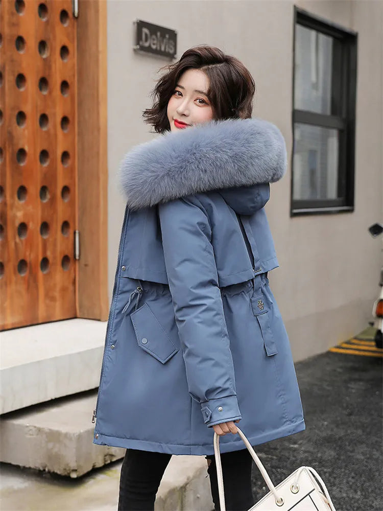 maoxiangshop Winter Coat Low Price On Sale Women Beige Add Wool Thick Warmth Fur Hooded Parkas Jacket New Fashion Belt Slim Cotton Coat