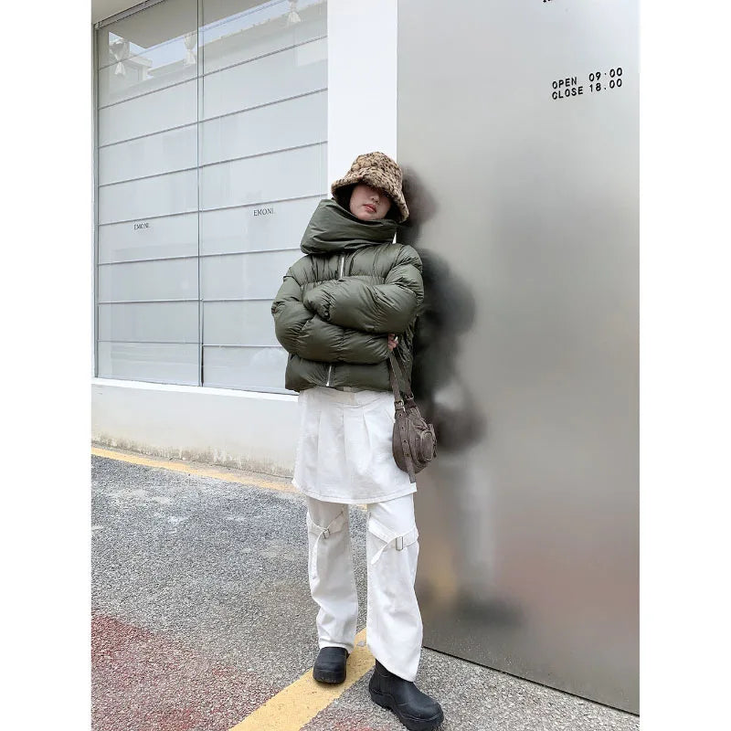 maoxiangshop - American High Street Stand Collar Thicken Warm Cotton-Padded Coat Women Winter New Solid Pop Simple Design Sense Short Coat