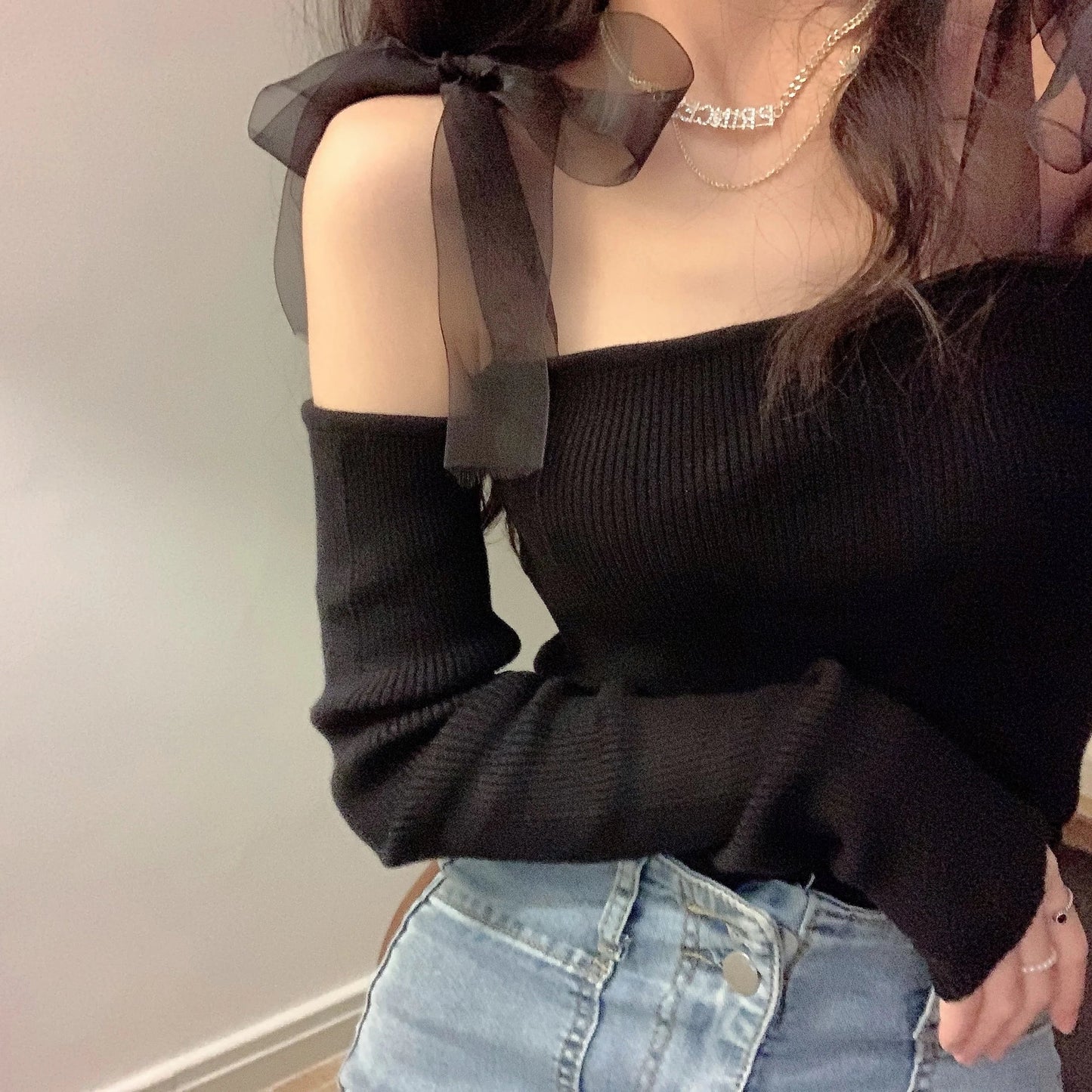 New Autumn Sexy Off Shoulder Sweaters For Women Vintage Mesh Lacing Bow Slim Korean Fashion Crop Sweater Top