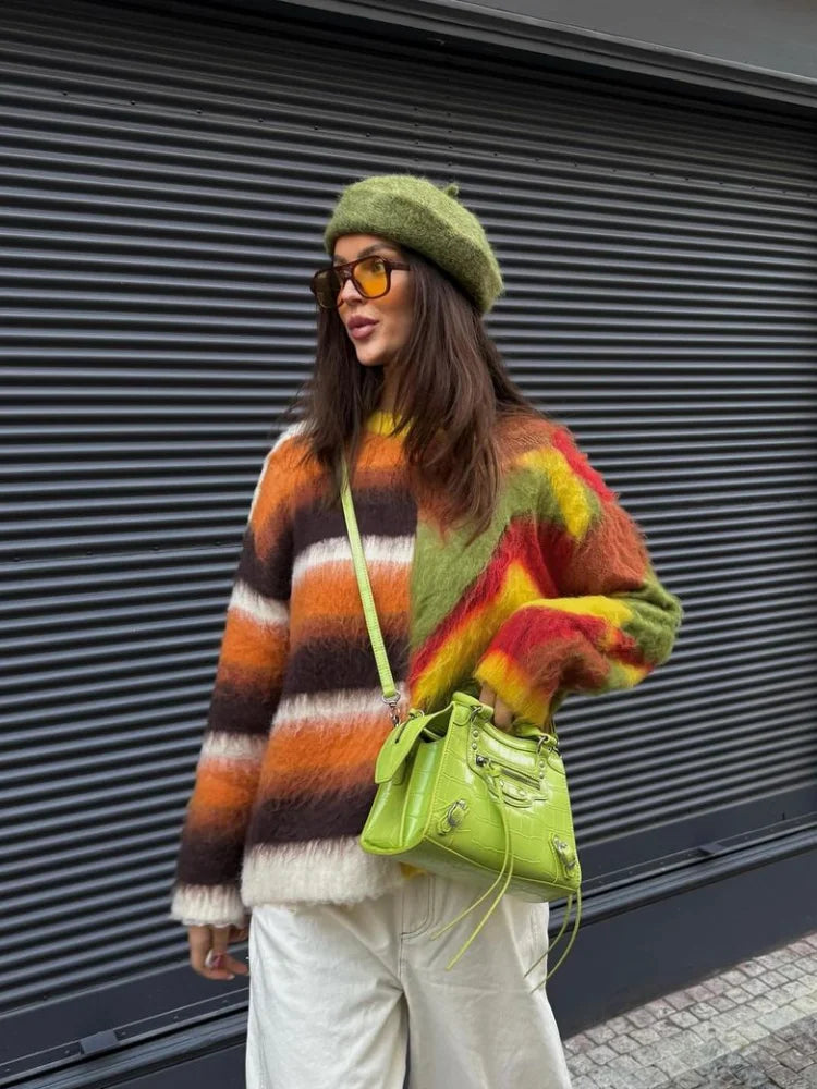 maoxiangshop - Mohair Rainbow Color Knitted Sweater Women Striped Chic Loose O-neck Warm Pullover 2024 Autumn Long Sleeve Street Jumper Tops