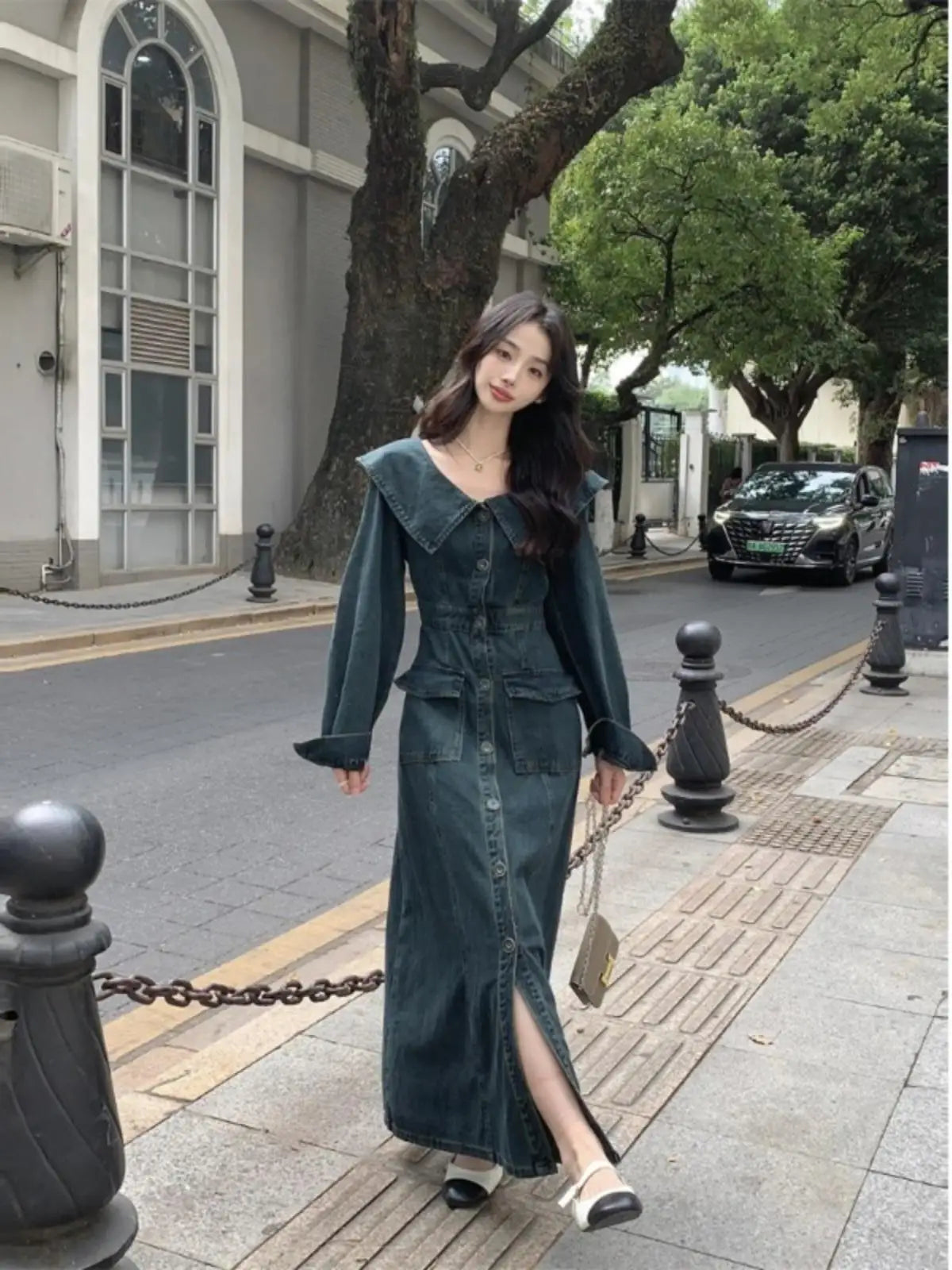 maoxiangshop - Retro Thick Denim Dress 2024 New Autumn Women's Doll Collar Single Breasted Long Sleeve Dress Fashion High Street Slimming Wear