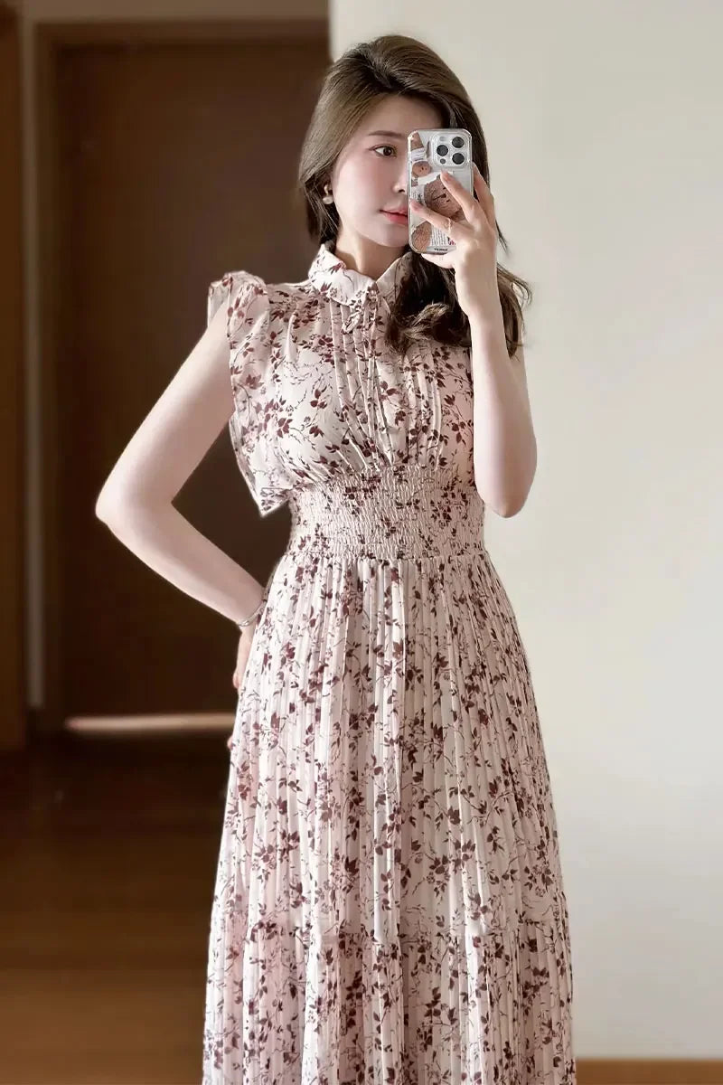 maoxiangshop Japan Style Flying Sleeve Floral Vestidos De Mujer Sweet Pleated Slim Waist Women Dress Chiffon New Neck Robe