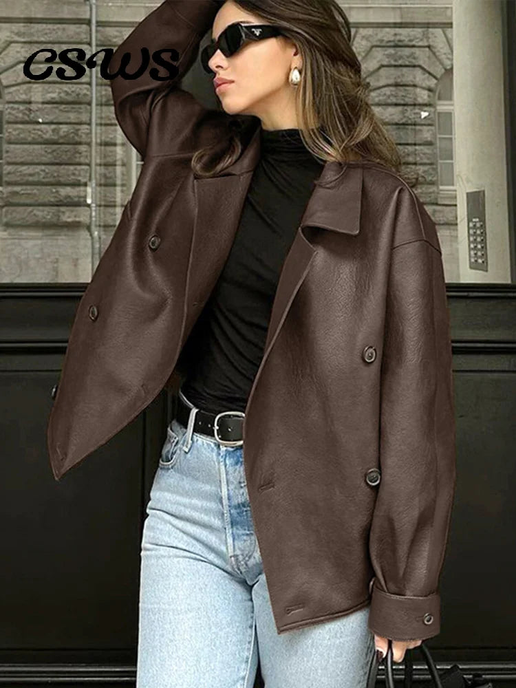 maoxiangshop - Elegant Leather Double Breasted Women Jackets Solid Brown Lapel Long Sleeves Coat Female 2024 Autumn Winter Street Outwears Lady