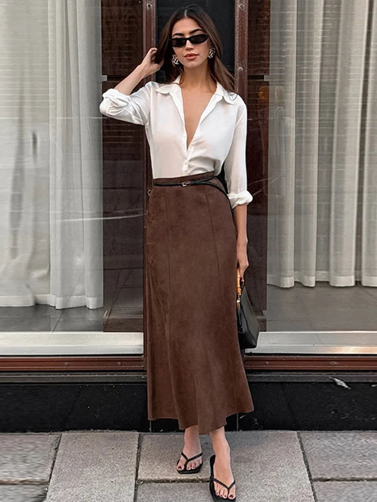 maoxiangshop - Elegant Suede Brown Women Skirts High Waist Pleated Slim Female Skirt 2024 Autumn Winter Zipper Office All Match Lady Party Wear