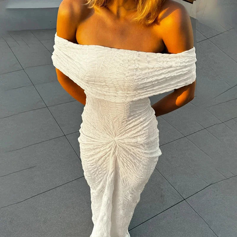 maoxiangshop - Elegant Textured One-shoulder Ruched Dress For Women Autumn New Sleeveless Tube Top Maxi Dress Lady Holiday Party Clothes