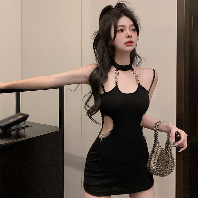 maoxiangshop Women Y2K Sexy Club Hollow Out Dress Chain Halter Neck Backless Sleeveless Black Skinny Bag Hip Slip Mini Dresses