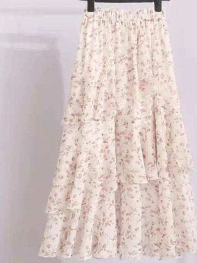 maoxiangshop New Temperament Skirt Summer Floral Irregular Ruffle All-match A-line Skirt Breathable Fairy Cake Skirt Fashion Party