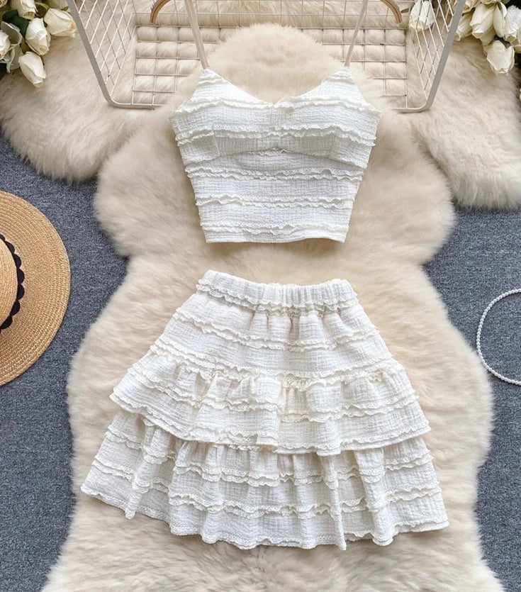 maoxiangshop Sweet Ruched Two Pieces Sets V Neck Strap Crop Tops+Short Pleated Skirt Women Korean Style Chic Summer Beachwear Suits