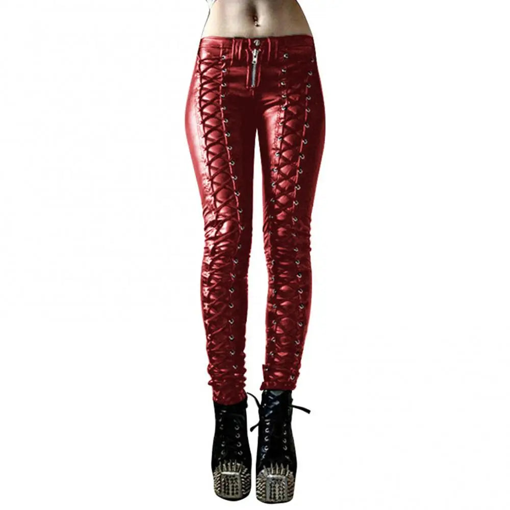 maoxiangshop Sexy Pant Steampunk Women Faux Leather Cosplay Pants Carnival Party Skinny Button Leggings Trousers Female Clothing
