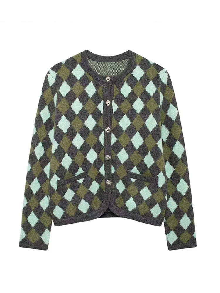 maoxiangshop - Elegant Plaid Knitted Cardigan Women Casual O-neck Long Sleeve Single Breasted Female Sweater 2024 Autumn Pocket Lady Knitwear