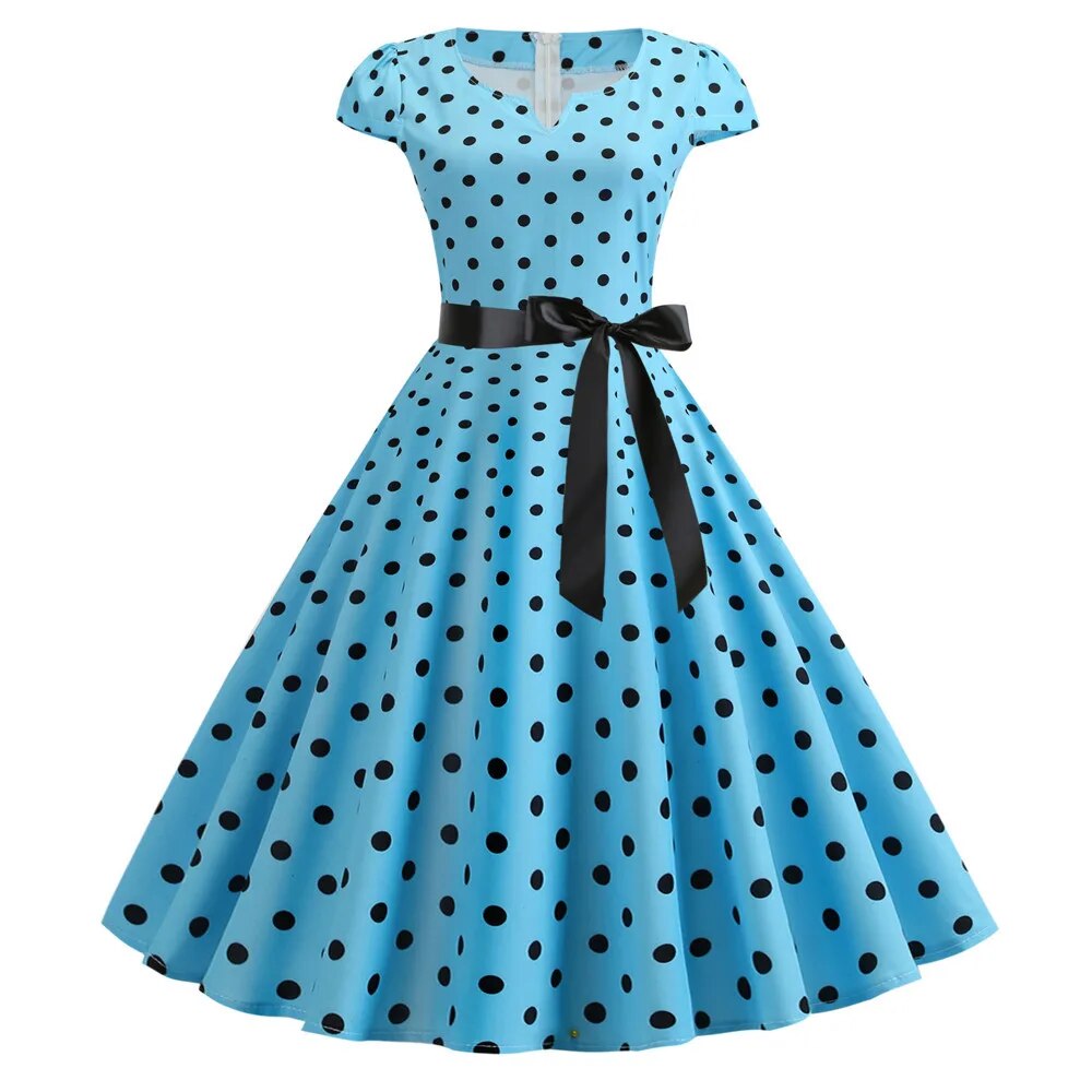maoxiangshop Women Vintage Dress White Polka Dot Summer Dresses Pin Up Print Retro 50s 60s Rockabilly Party Sundress Vestidos