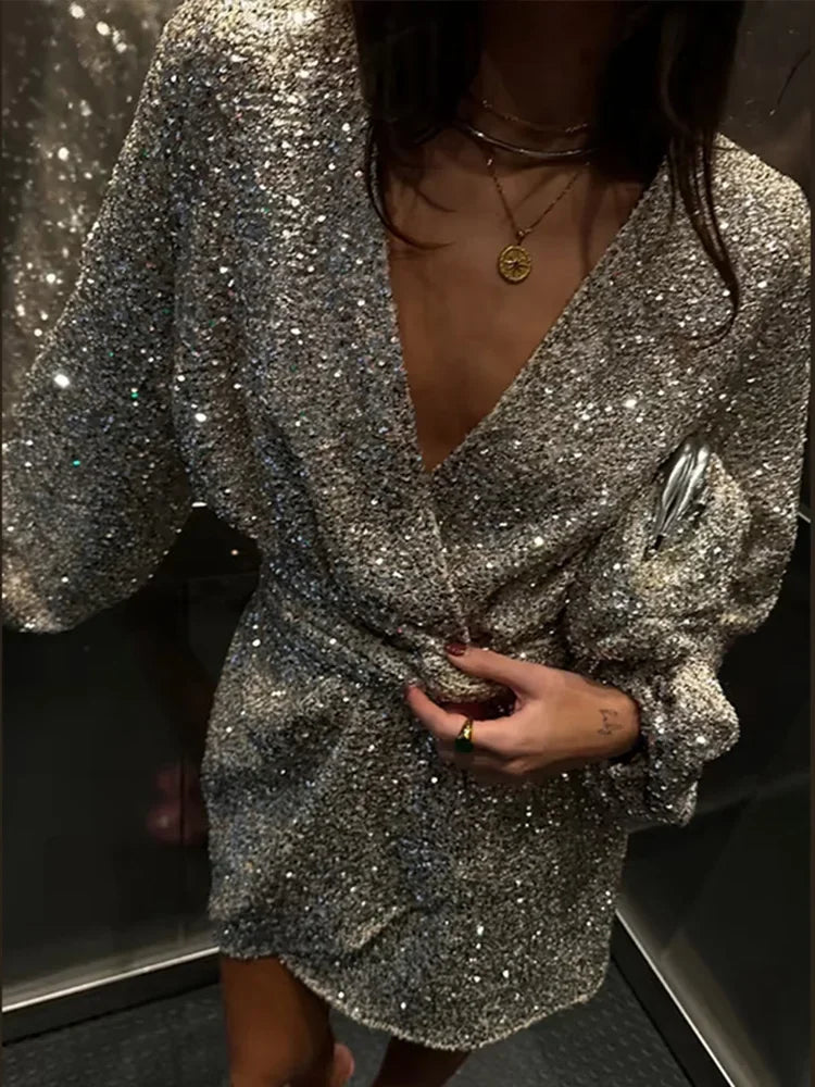 maoxiangshop - Sequin Shining Lace Up Evening Mini Dresses Women V-neck High Waist Long Sleeve Party Dresses Female 2024 Autumn Chic Gown Robe