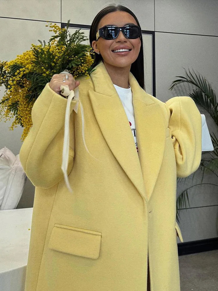 maoxiangshop - Loose Lapel Woolen Long Coats Women Winter Classic Yellow Single Button Pockets Overcoats Female Elegant Casual Street Outwear