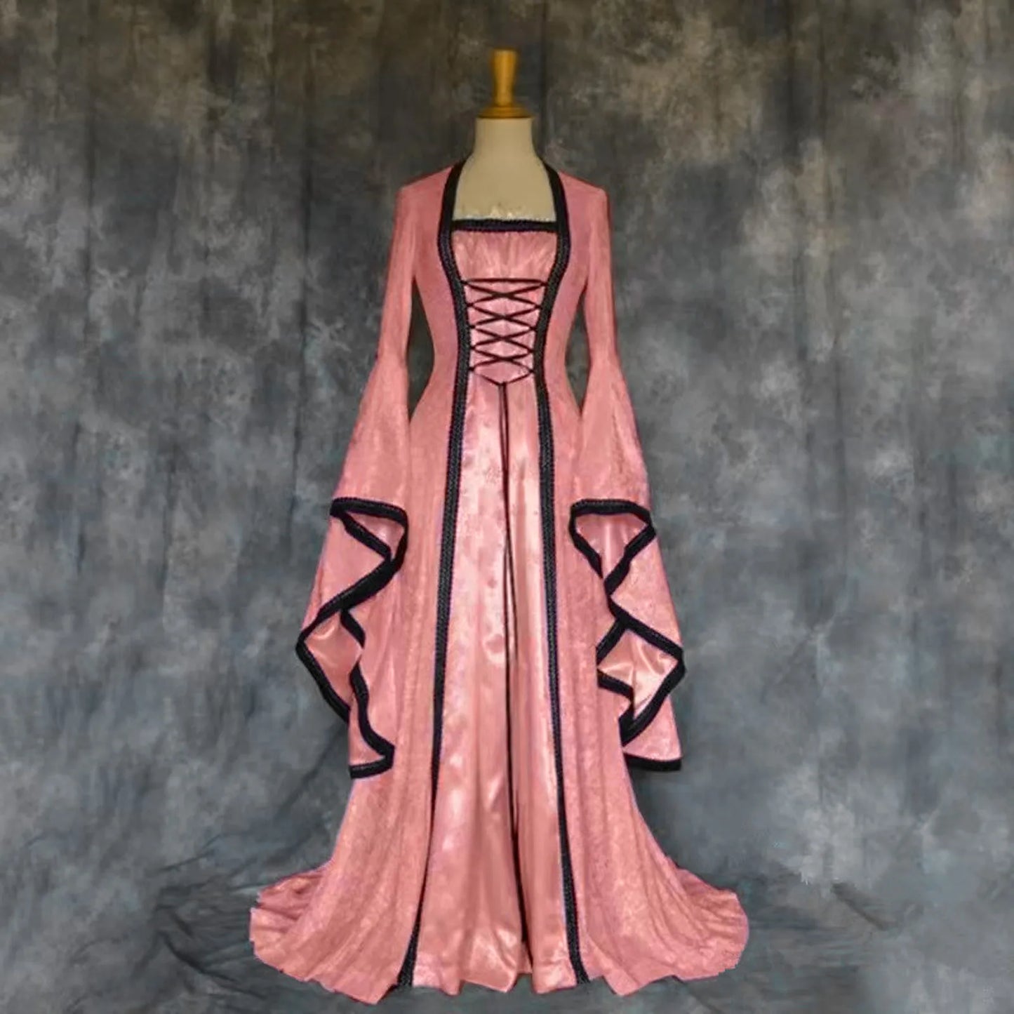maoxiangshop - Gothic Victoria Medieval Vintage Costume For Halloween Cosplay Square Collar Long Batwing Sleeve Patchwork Lace-Up Long Dress