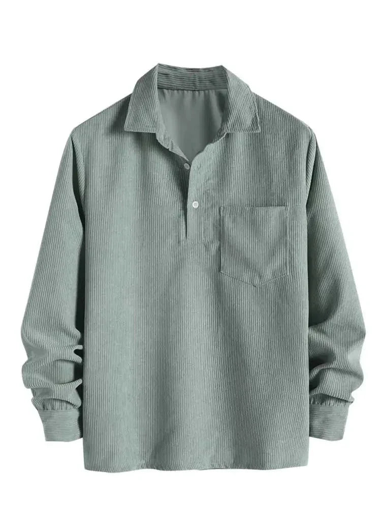 maoxiangshop Shirts for Men Corduroy Long Sleeves Shirt Half Button Solid Blouses Fall Spring Streetwear Overshirts Tops with Pocket
